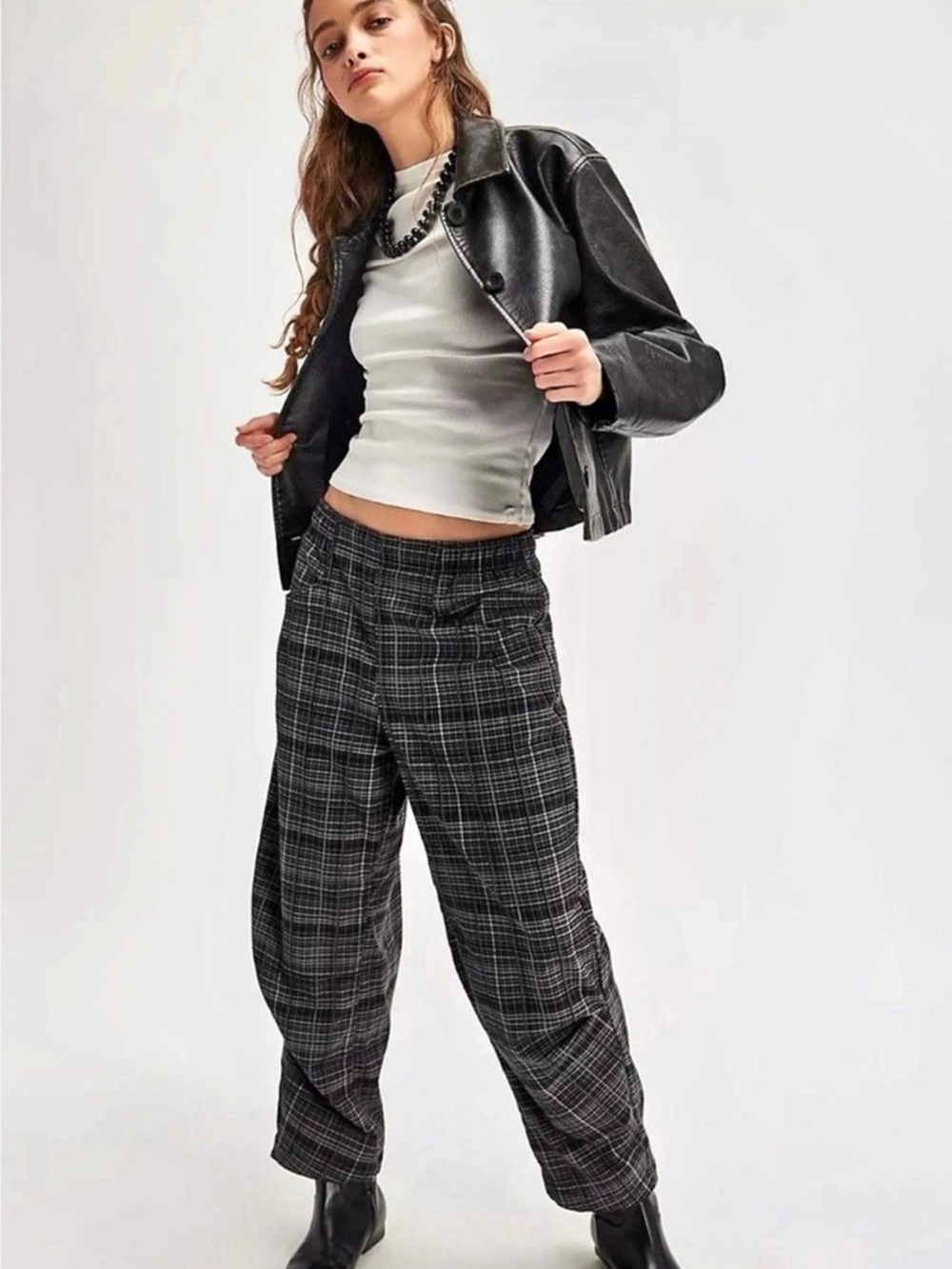 Free People 90s Grunge Barrel Leg Plaid Pants in Midnight Combo
